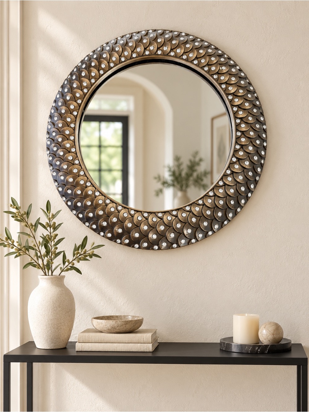 Hobby Lobby Bronze 17” Round Rhinestone Scallop Crystal Wall Mirror Glam Decor
